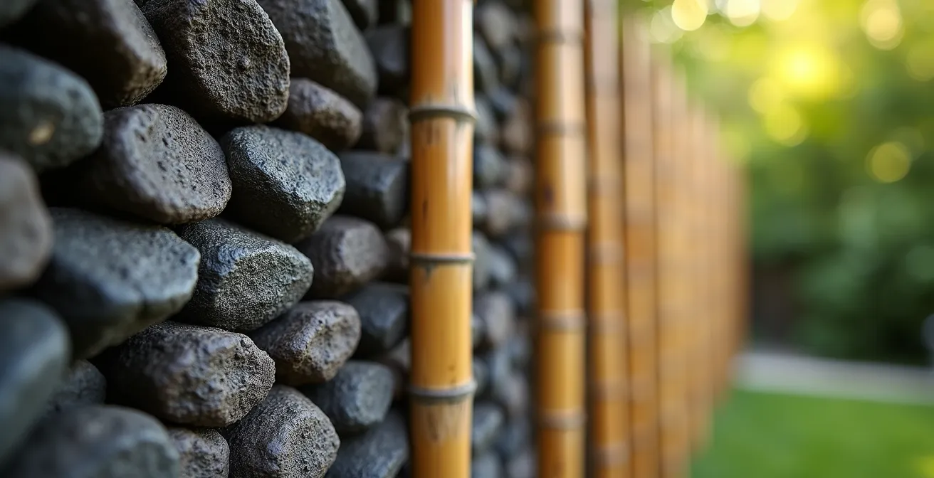 Gabionenwand mit Kletterpflanzen als kombinierter Schall- und Sichtschutz