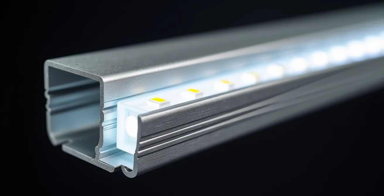 Nahaufnahme von LED-Strips in Aluminiumprofilen mit diffuser Abdeckung für professionelle Lichtstreuung