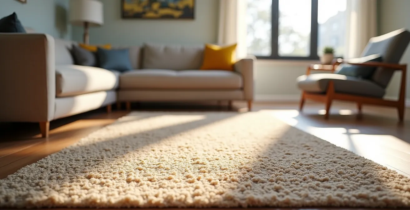 Modernes Wohnzimmer mit zentralem Ankerstück-Teppich und darauf abgestimmten Möbeln