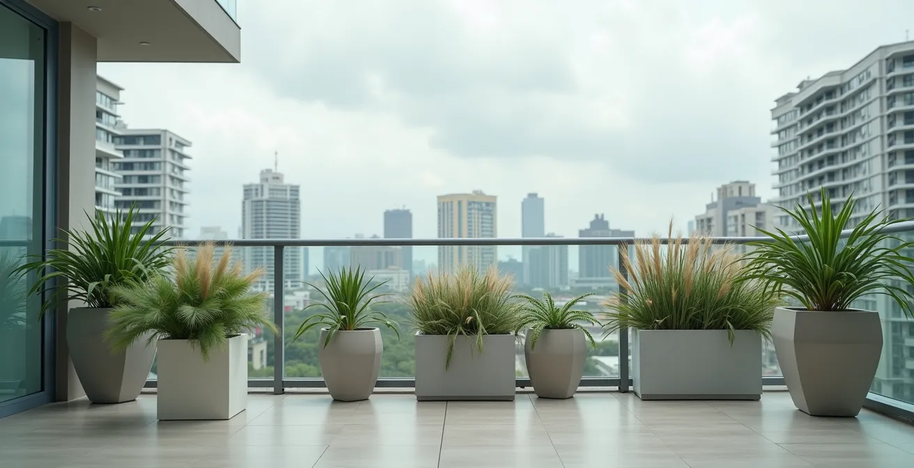 Verschiedene Pflanztöpfe aus Fiberglas und Verbundwerkstoffen auf einem windigen Balkon im Test
