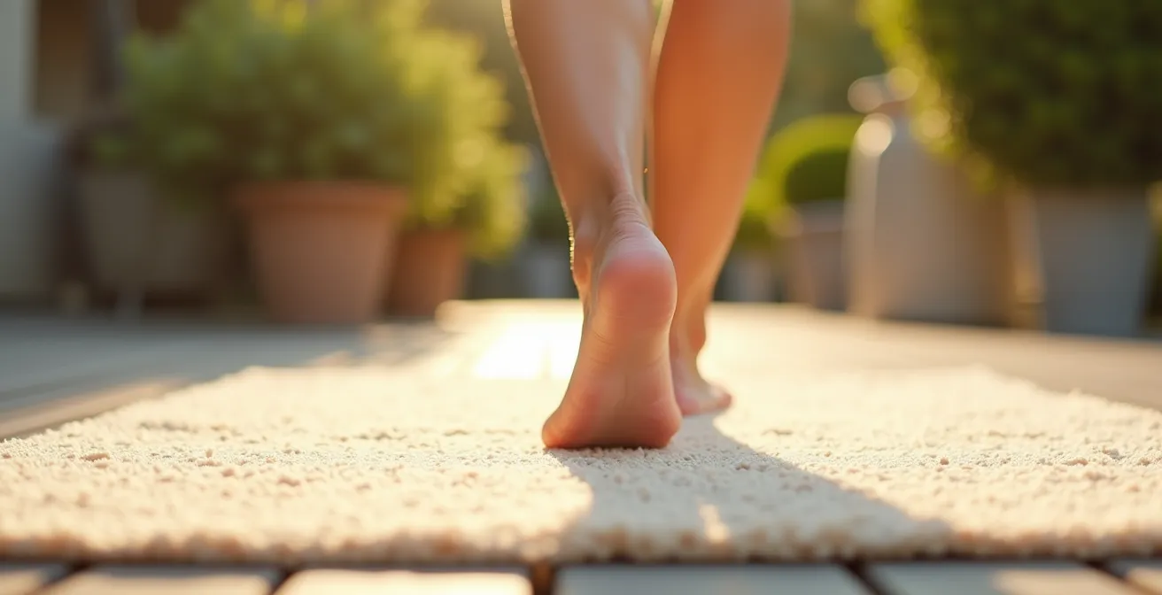 Nackte Füsse auf hellem Outdoor-Teppich an sonnigem Tag