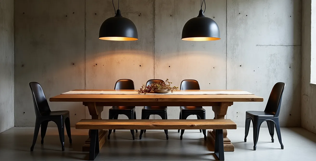 Rustikaler Holztisch mit Sichtbetonwand im modernen Landhausstil