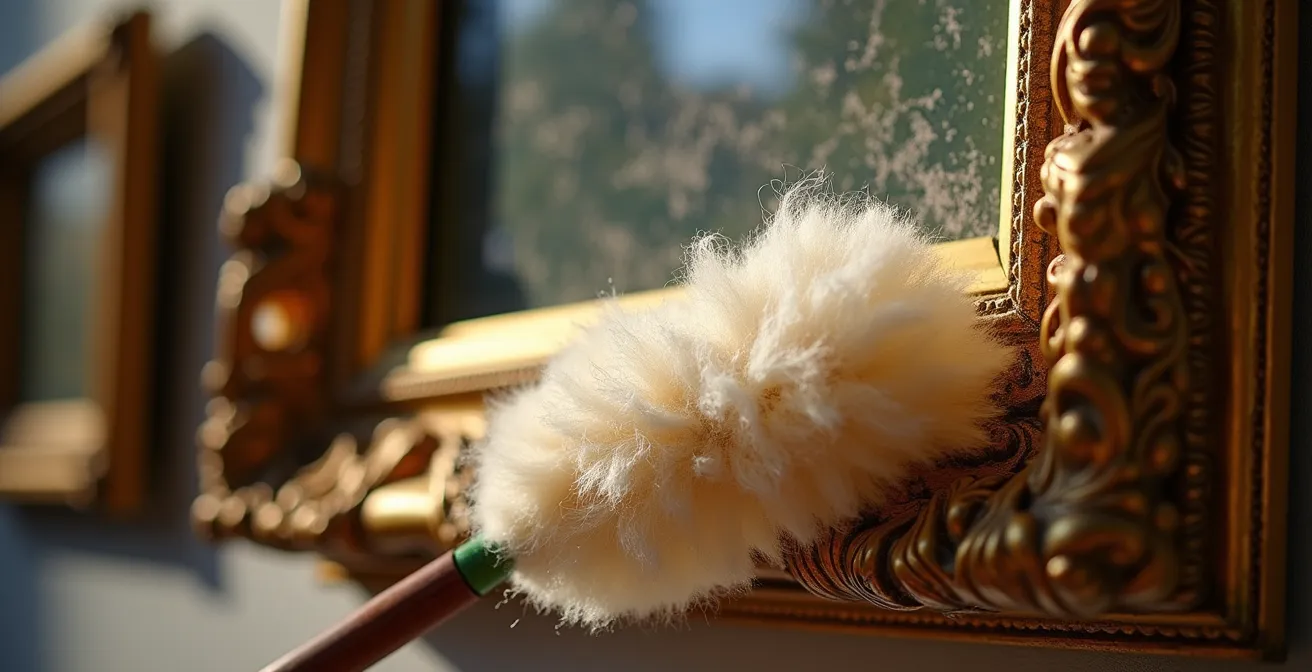 Detailaufnahme der schonenden Reinigung eines vergoldeten Bilderrahmens