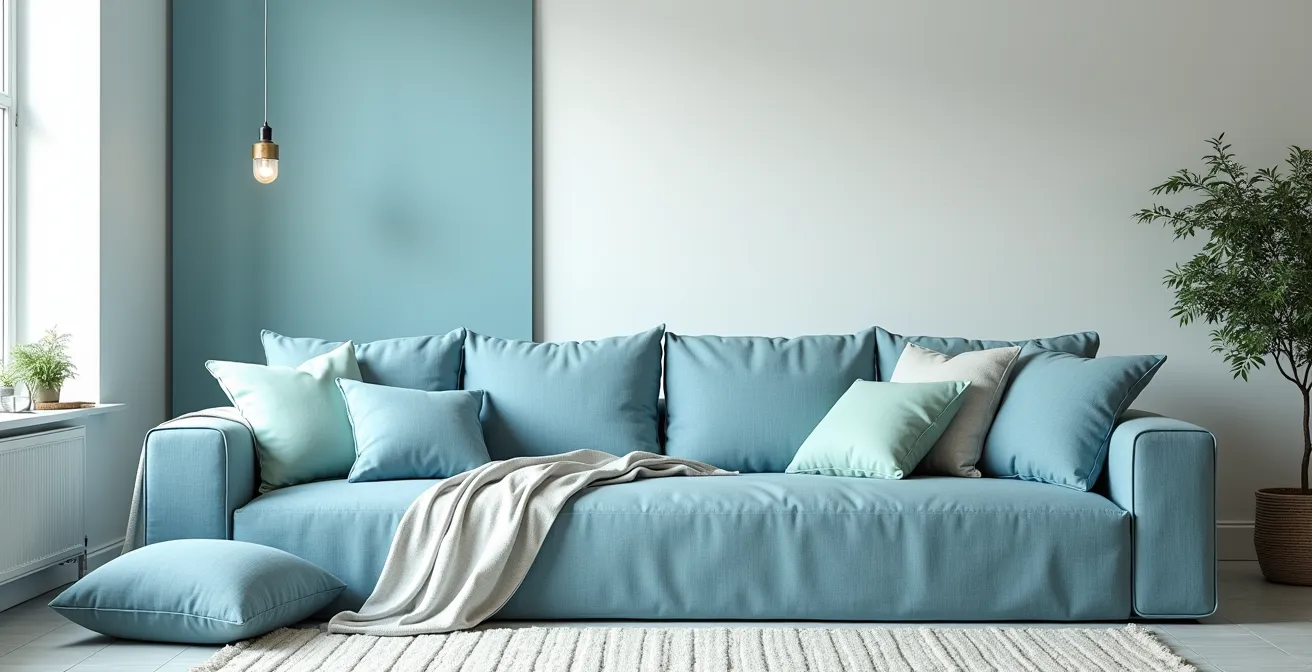 Helles Wohnzimmer mit blauen und mintgrünen Textilien, die eine kühle Atmosphäre schaffen