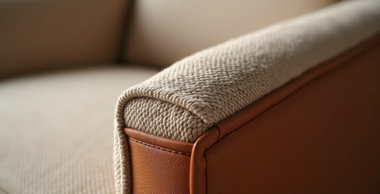 Bouclé-Sessel mit Leder-Details in minimalistischem Ambiente