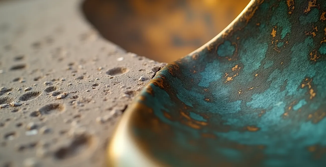 Detailaufnahme einer Bronzeskulptur vor rauer Betonwand mit sichtbarer Textur und Patina