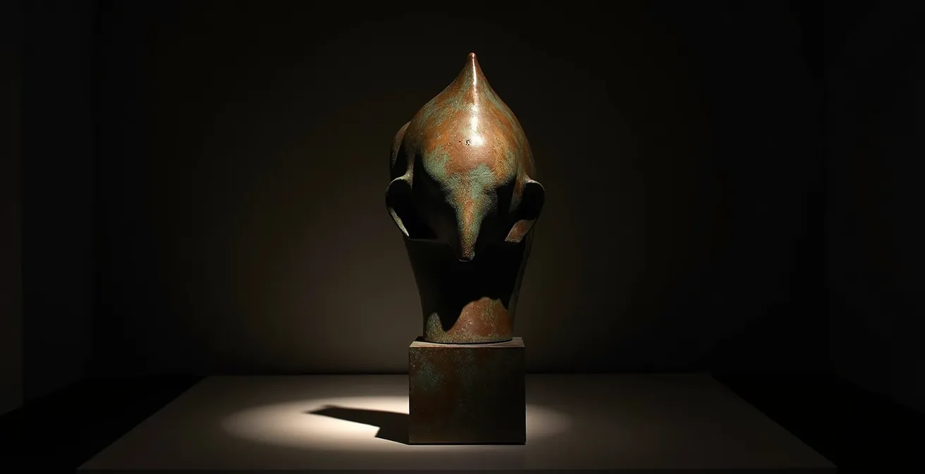 Bronze-Skulptur mit gezieltem Streiflicht, das die Patina-Nuancen hervorhebt