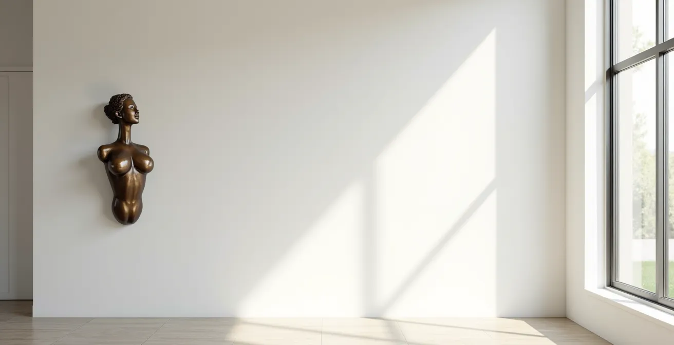 Seitliche Ansicht einer an der Wand montierten Bronze-Skulptur mit sichtbarem Sicherheitsabstand