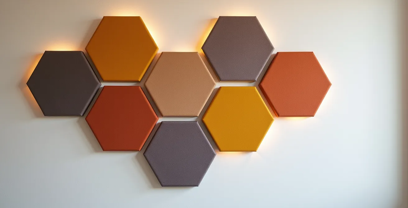 Sechseckige DIY-Akustikpaneele in Wabenstruktur mit verschiedenfarbigen Stoffbezügen