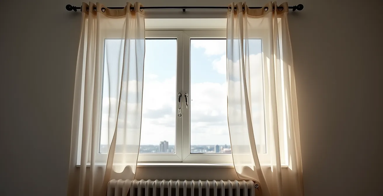 Moderne Fenstergestaltung mit doppelläufiger Deckenschiene und transparenten Vorhängen vor Heizkörper