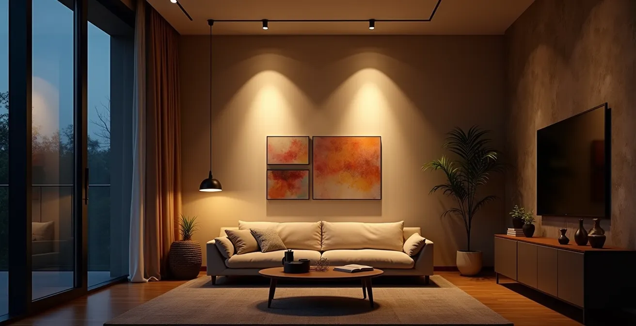 Ein stimmungsvolles Wohnzimmer, das durch die Kombination von Grund-, Zonen- und Akzentlicht eine einladende Tiefe erhält.