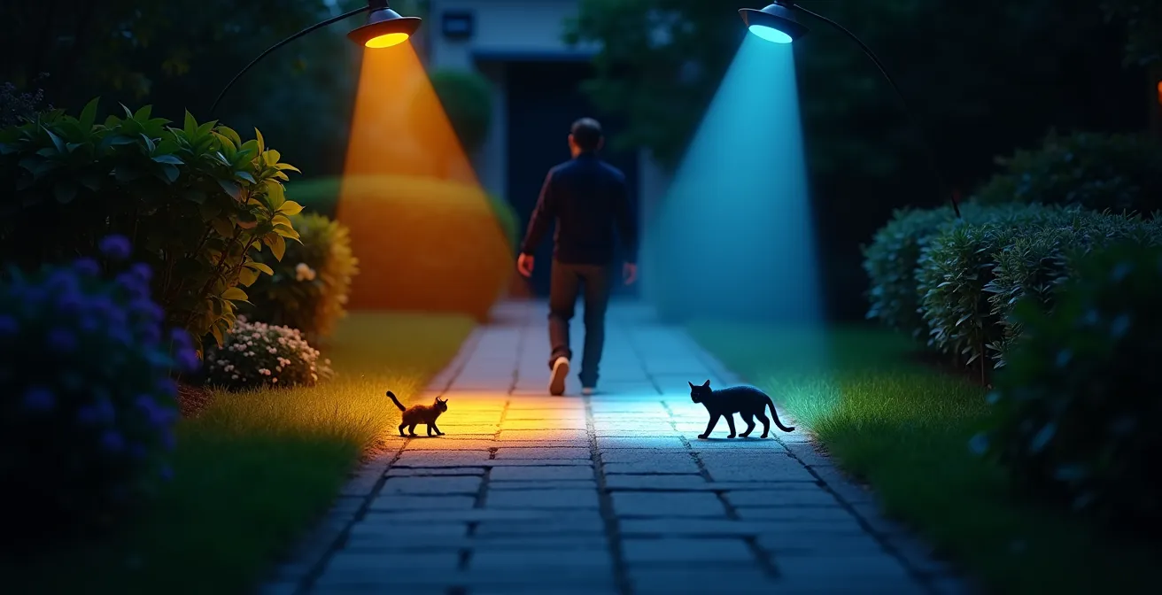 Visualisierung der Erfassungszonen eines Dual-Technologie-Bewegungsmelders im Garten