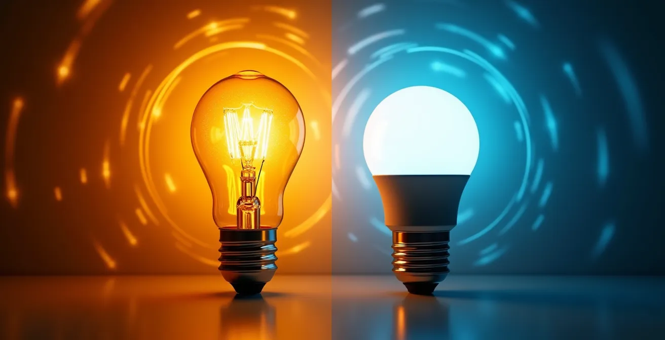Visueller Vergleich der Energieeffizienz zwischen einer modernen LED und einer alten Glühbirne bei gleicher Helligkeit