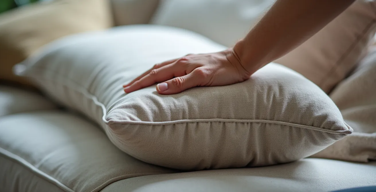 Nahaufnahme von verschiedenen Stützkissen auf einem tiefen Sofa, die ergonomischen Halt bieten.