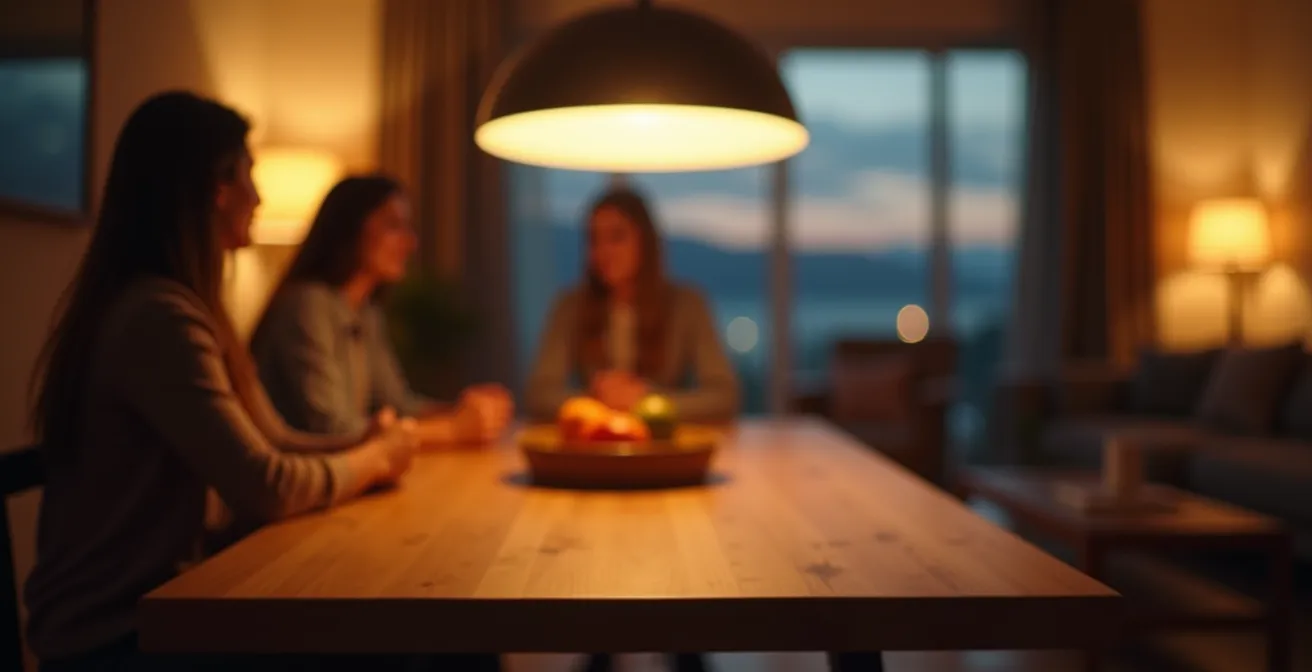 Wohn-Essbereich mit verschiedenen Lichtzonen für Esstisch und Sofabereich