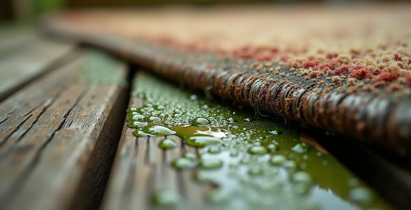 Nahaufnahme von Feuchtigkeit unter einem Outdoor-Teppich auf Holzdielen