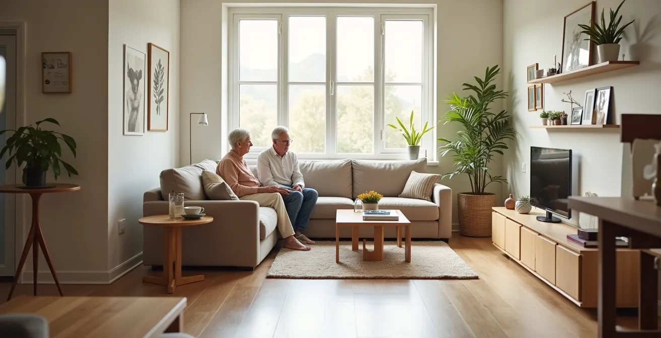Geräumiges Wohnzimmer mit flexibler Möblierung für barrierefreies Wohnen, in dem ein älteres Paar bequem auf dem Sofa sitzt.
