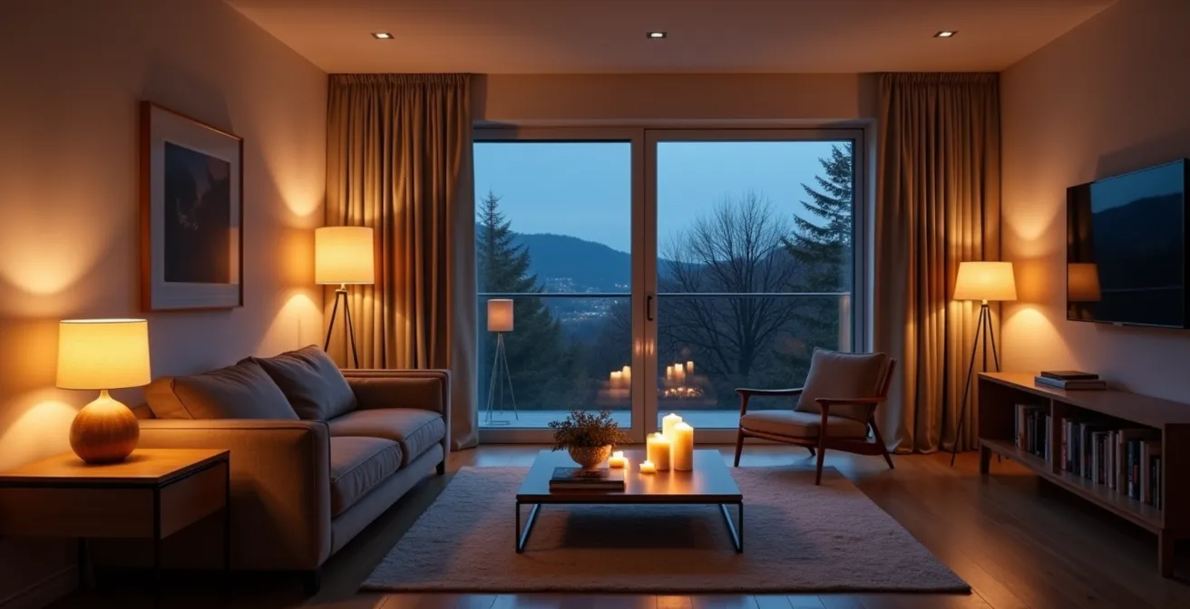Wohnzimmer mit fünf verschiedenen warmen Lichtquellen für Hygge-Atmosphäre