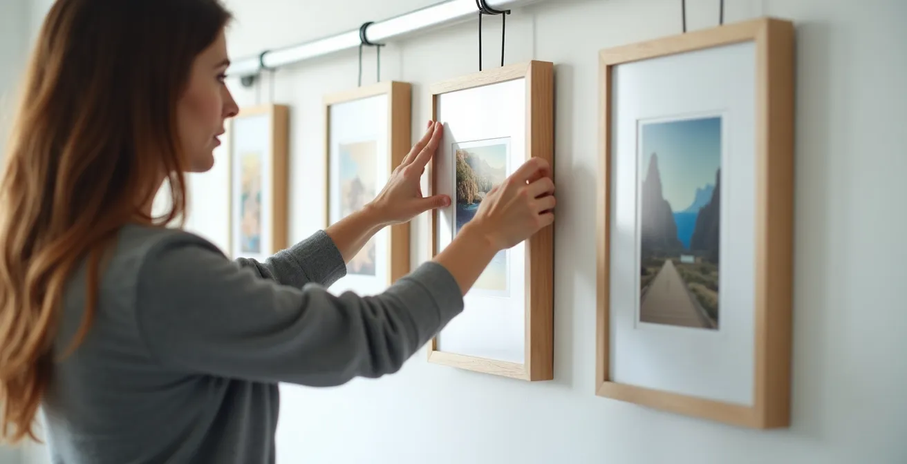 Moderne Galerieschiene mit mehreren aufgehängten Kunstwerken in verschiedenen Höhen