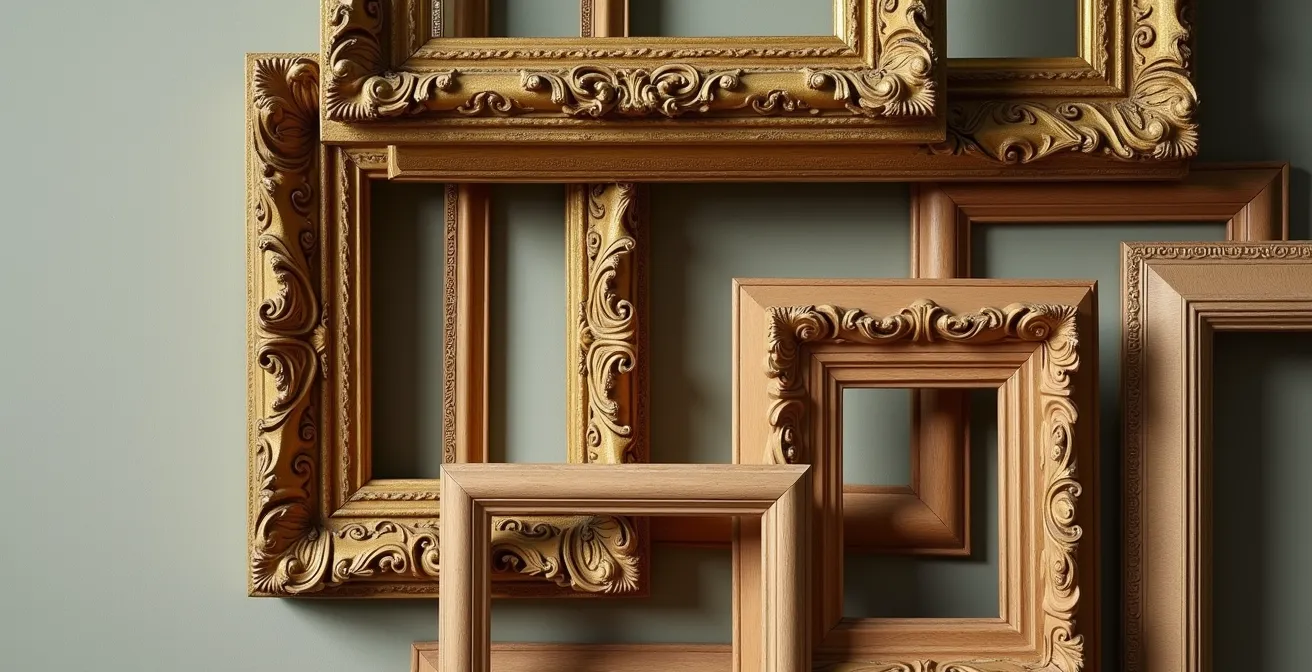 Harmonische Mischung aus goldenen Barockrahmen und schlichten Holzrahmen an einer Wand