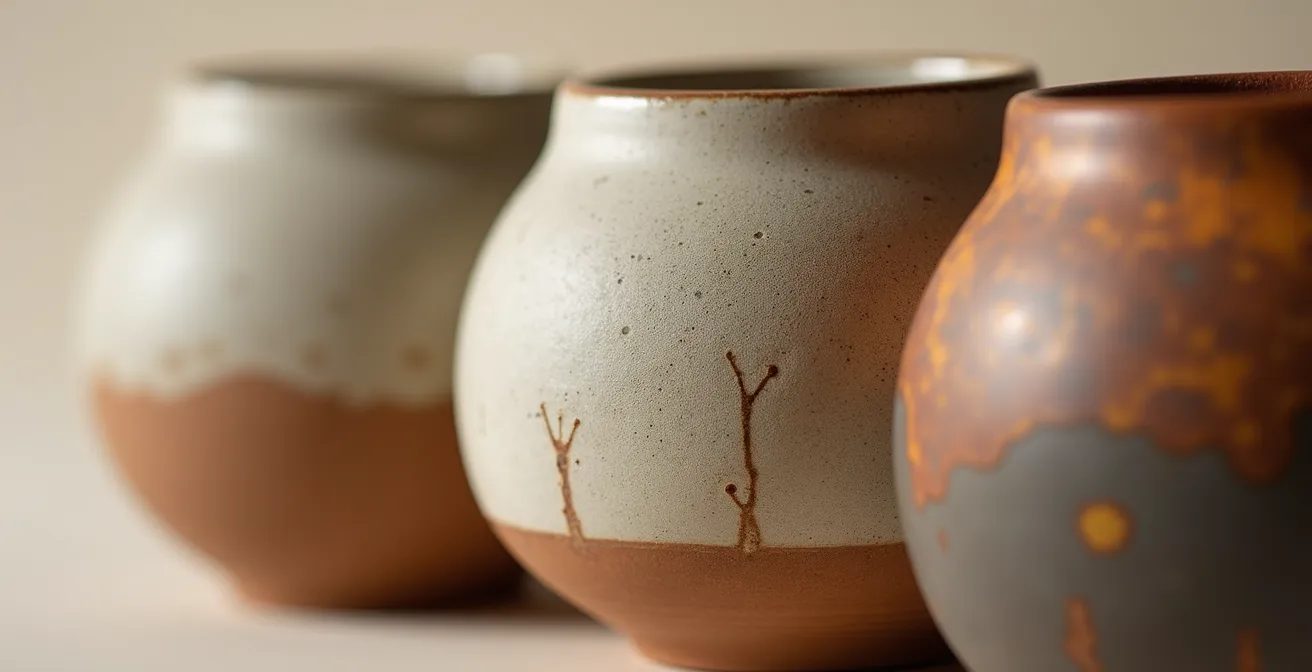 Nahaufnahme handgefertigter Keramikvasen mit sichtbarer Textur und Glasurverläufen