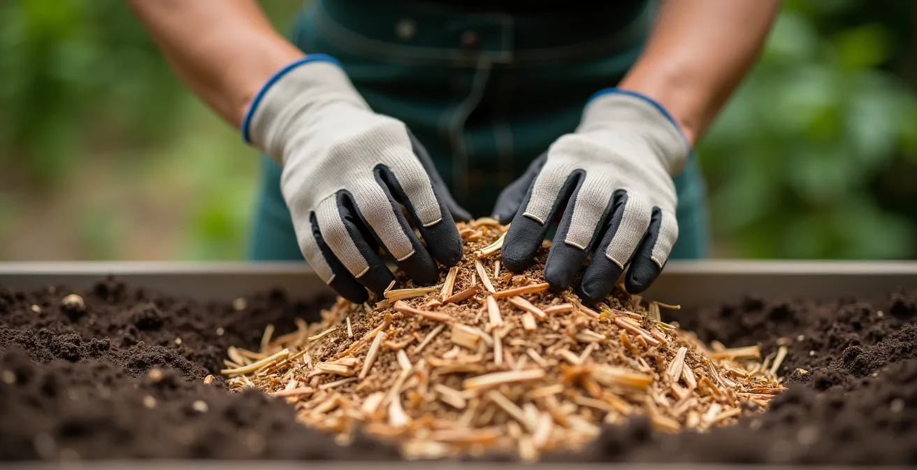 Detailaufnahme der Hände eines Gärtners, der sorgfältig verschiedene Schichten in einem Hochbeet-Querschnitt anlegt