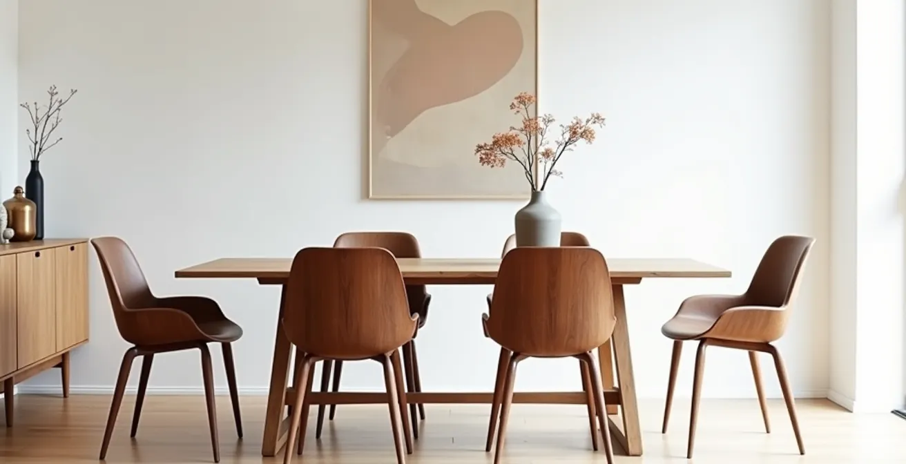 Harmonische Kombination eines Eichentisches mit Stühlen aus Nussbaumholz in einem modernen, hellen Esszimmer.