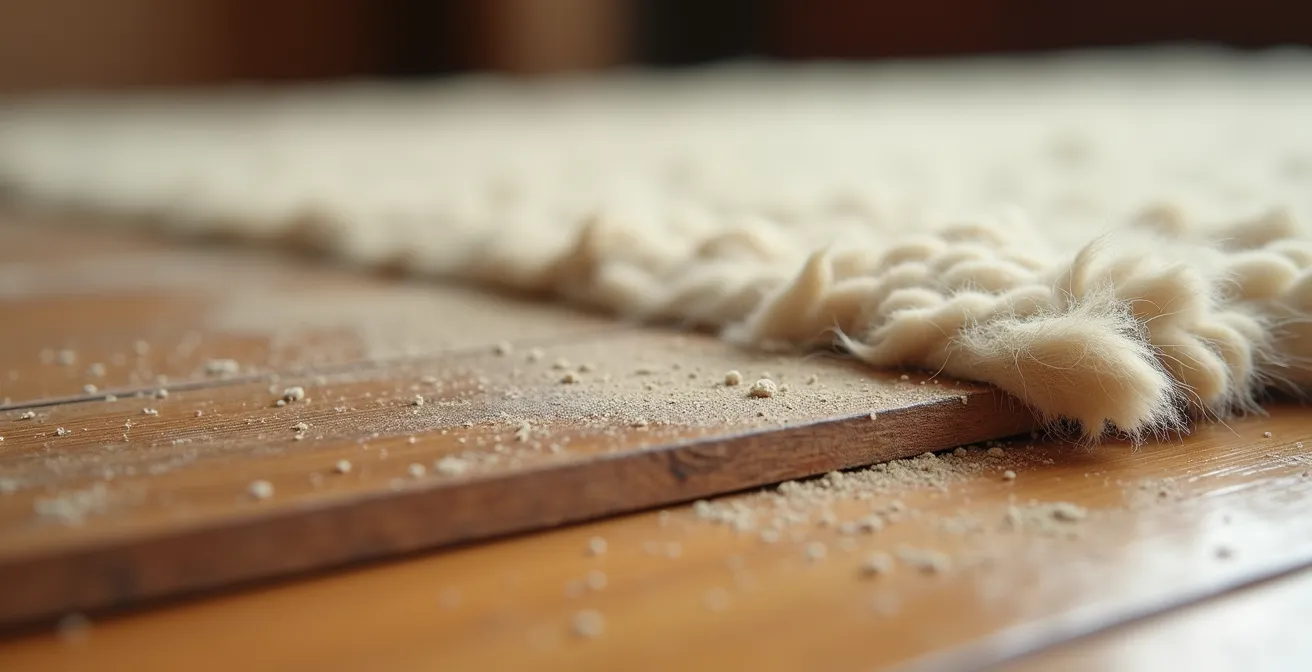 Nahaufnahme eines geölten Eichenbodens mit weichem Wollteppich und sichtbarer Oberflächenstruktur