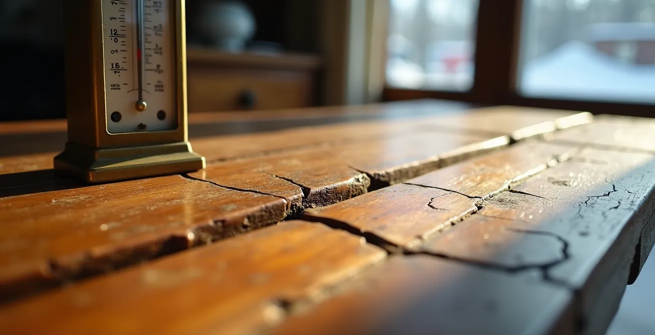 Detailaufnahme von Holzrissen auf einer Tischplatte durch trockene Winterluft, daneben ein Hygrometer.