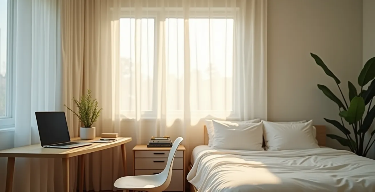 Ergonomisch eingerichtetes Home-Office im Schlafzimmer mit visueller Trennung