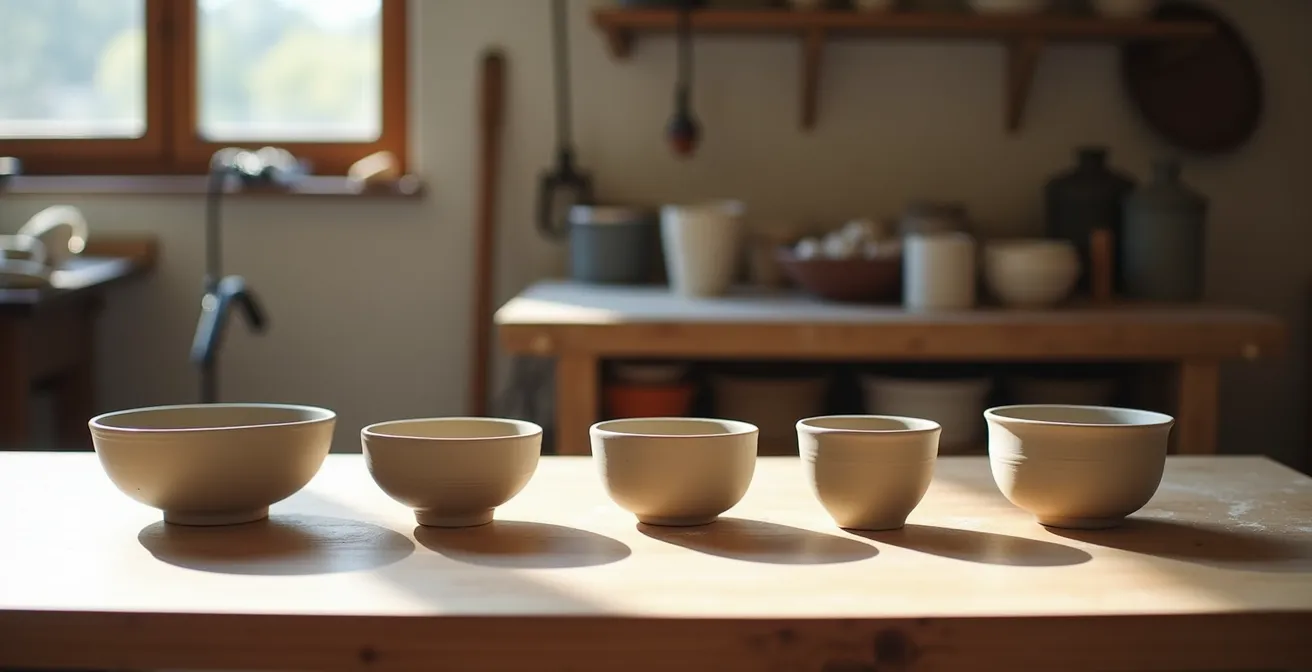 Verschiedene Stadien der Keramikherstellung von Ton bis zur fertigen glasierten Schale