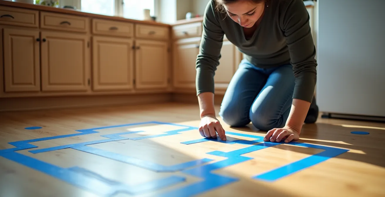 Kleine Küche mit Malerkrepp-Markierungen auf dem Boden, die Möbelumrisse zeigen