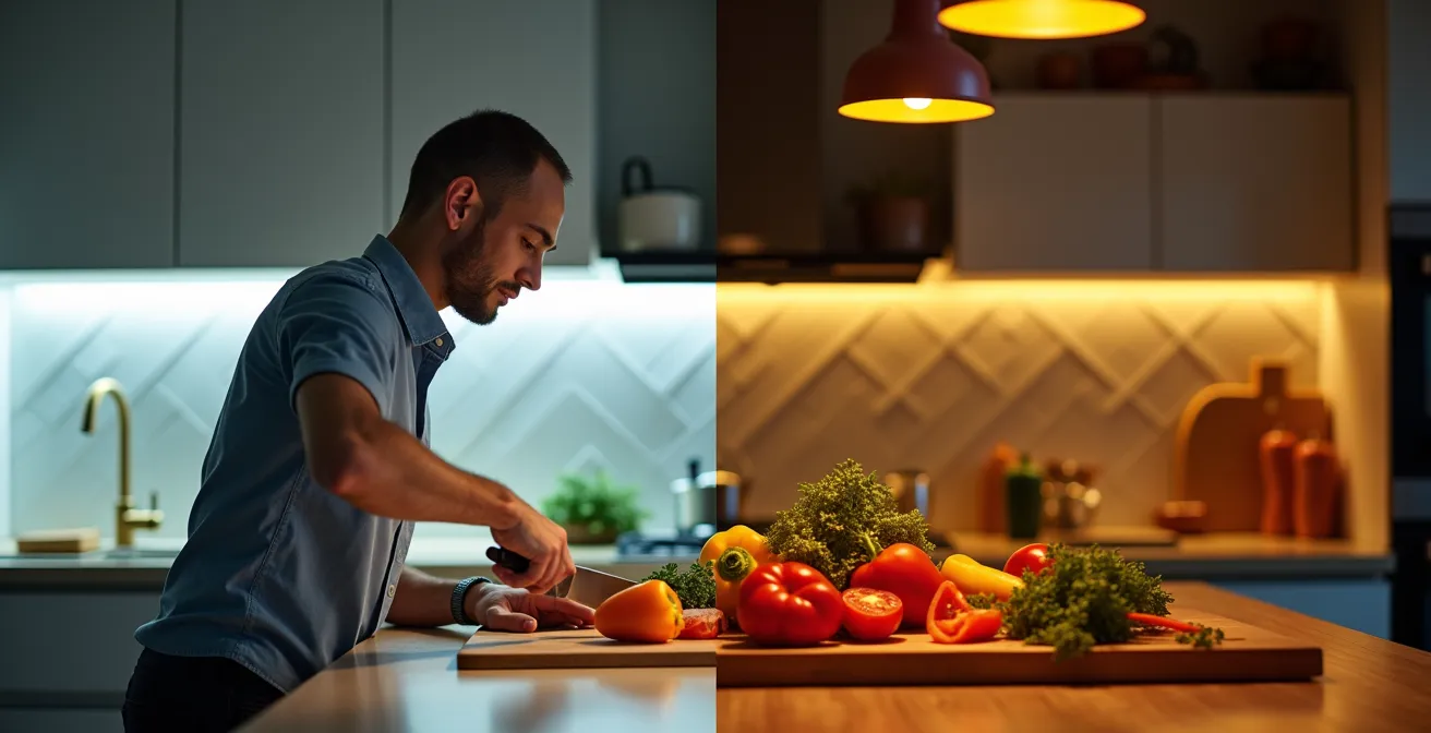 Moderne Küche mit kühlem 5000K Arbeitslicht über der Arbeitsfläche und warmem, gemütlichem Licht über dem Essbereich