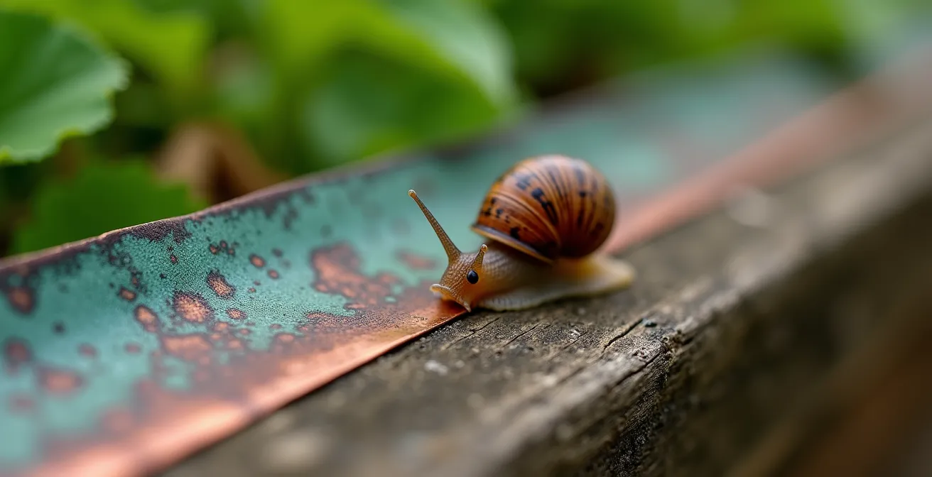 Makroaufnahme eines Kupferbandes am Hochbeetrand mit Schnecke im Hintergrund