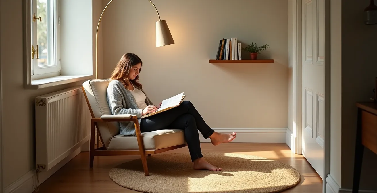 Eine gemütliche Leseecke wurde in einer ehemals toten Ecke einer L-förmigen Wohnung eingerichtet, um den Raum sinnvoll zu nutzen.