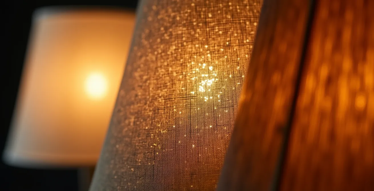 Verschiedene Lampenschirm-Materialien wie Leinen, Metall und Holz und ihre jeweiligen Lichteffekte