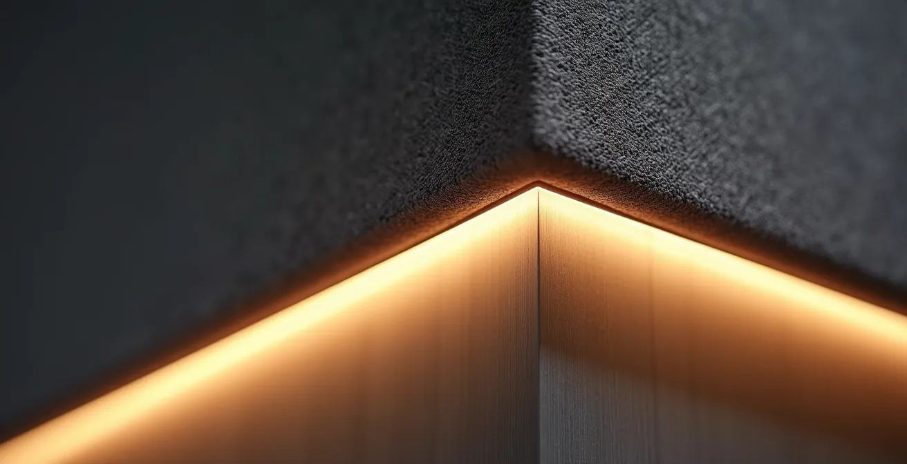 Detailaufnahme einer integrierten LED-Beleuchtung hinter dem Rahmen eines XXL-Akustikbildes.
