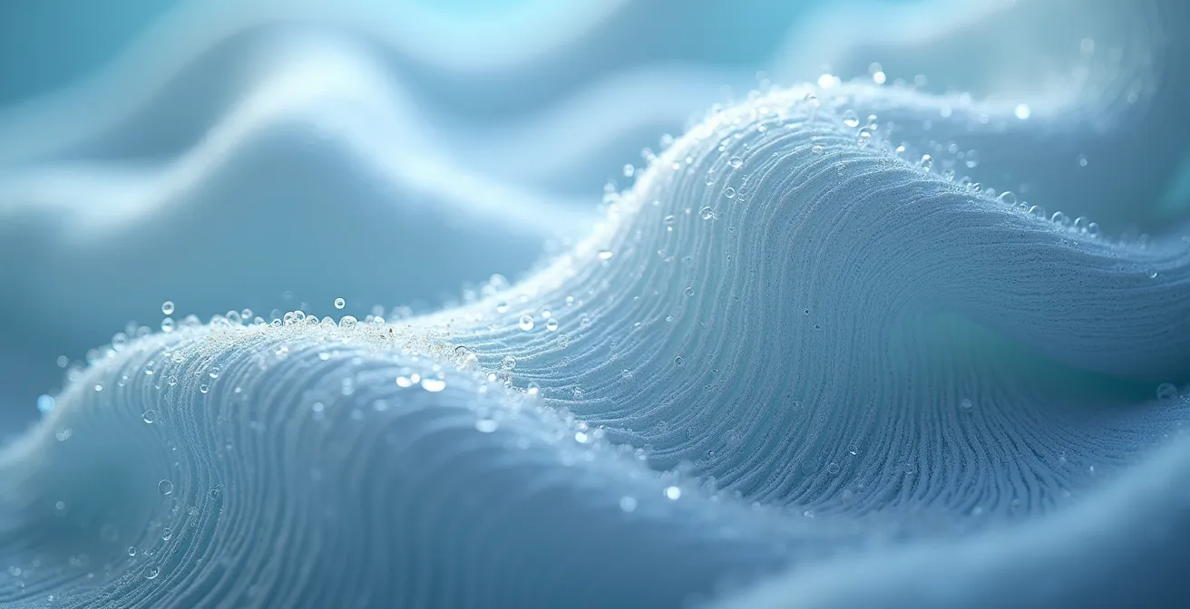 Mikroskopische Ansicht der hohlen Leinenfaser, die den Feuchtigkeitstransport und den Kühleffekt symbolisiert.