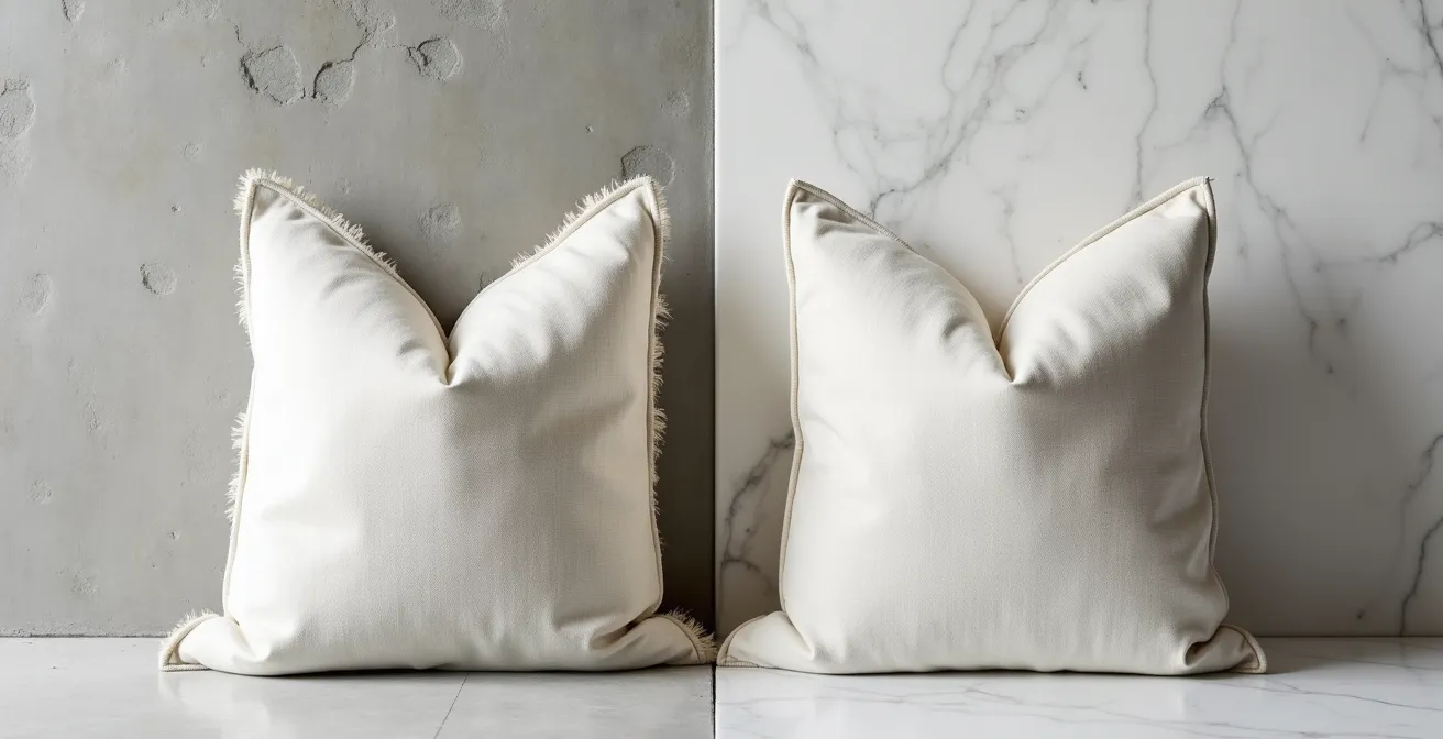 Moderne und klassische Leinenkissen im direkten Vergleich, das eine mit ausgefranster Kante, das andere mit einer sauberen Paspel.