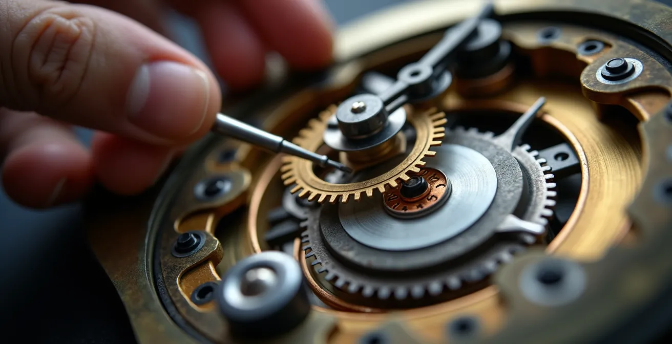 Detailaufnahme einer hochwertigen Wanduhr-Mechanik beim Batteriewechsel