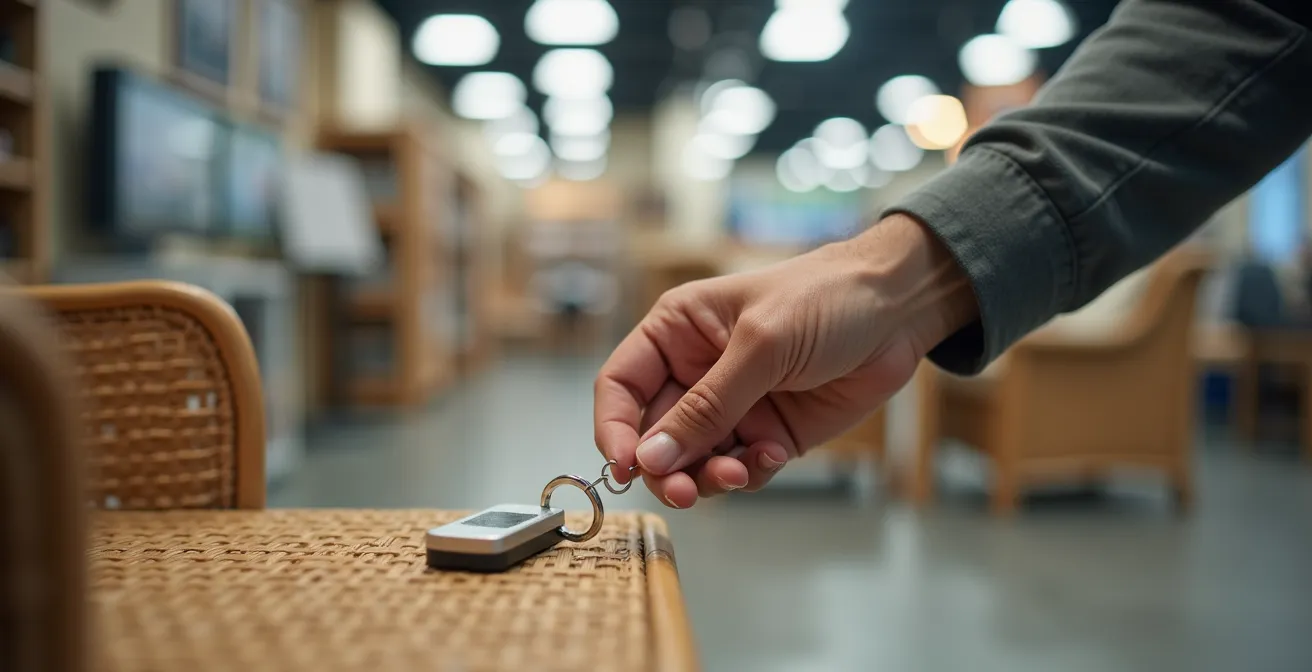 Hand hält einen kleinen Magneten an den Rahmen eines Polyrattan-Gartenmöbels, um das Material zu testen.