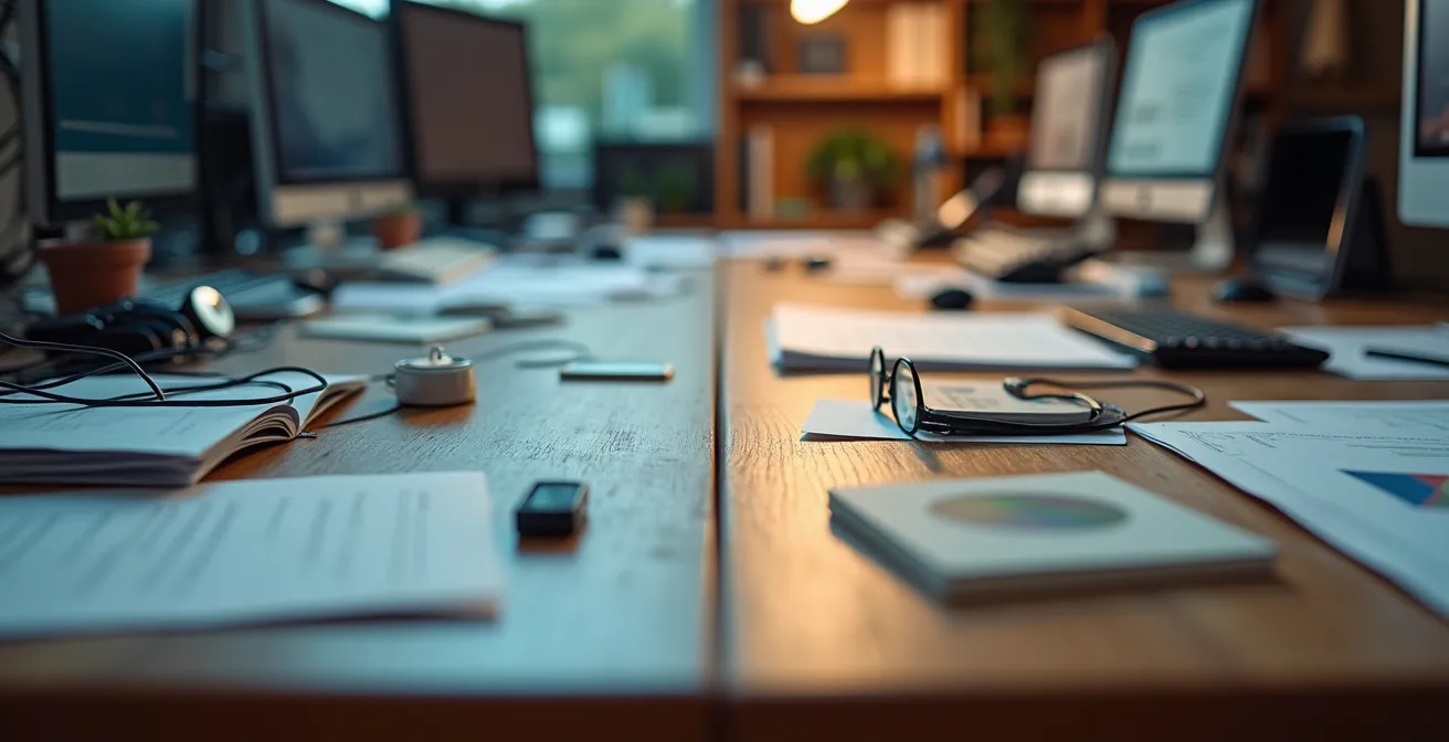 Geteilte Ansicht eines Schreibtisches: links unordentlich und chaotisch, rechts minimalistisch und organisiert, was den Kontrast von visuellem Rauschen zu visueller Ruhe zeigt.