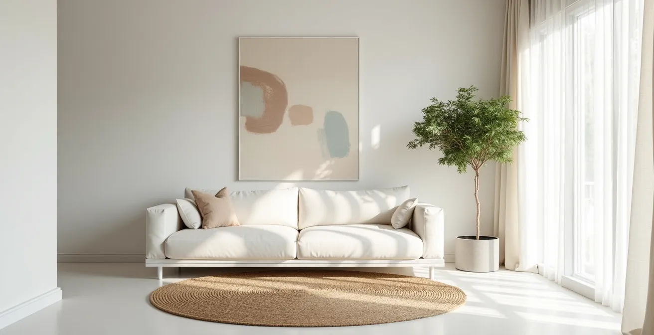 Minimalistisches Wohnzimmer mit dezenten akustischen Elementen wie Teppich und Vorhängen, die den Schall absorbieren.