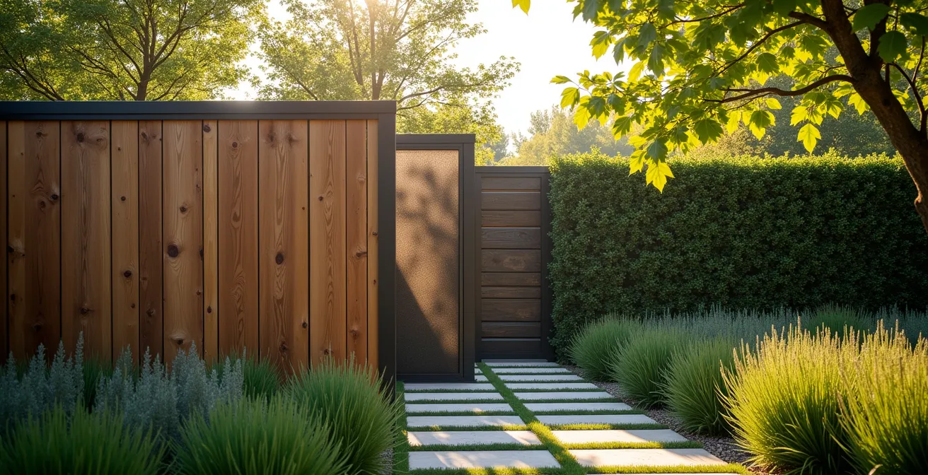 Gestaffelte Sichtschutzelemente mit mehrschichtiger Bepflanzung schaffen optische Tiefe