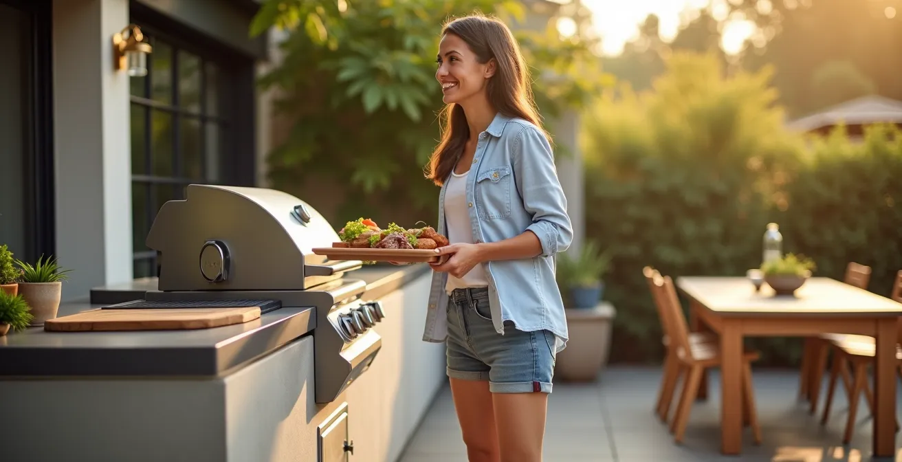 Ergonomisches Arbeitsdreieck zwischen Grill, Vorbereitungszone und Essbereich auf einer Terrasse