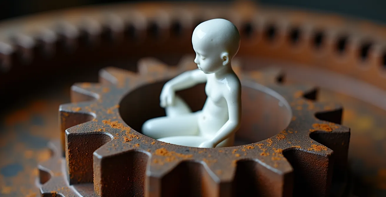 Detailaufnahme einer filigranen Porzellanfigur in einem rostigen Industriezahnrad
