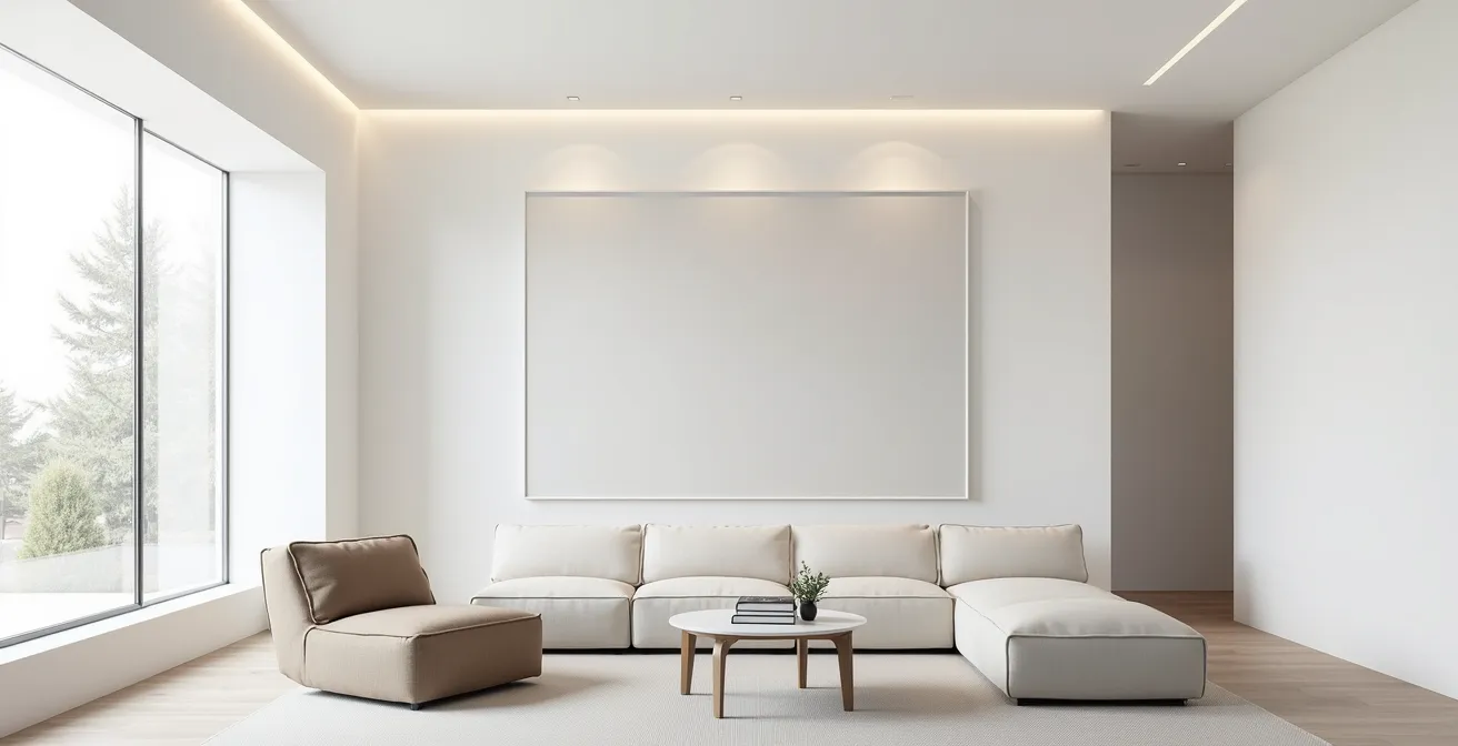 Visualisierung eines modernen Wohnraums mit einem optimal proportionierten XXL-Akustikbild an der Wand.