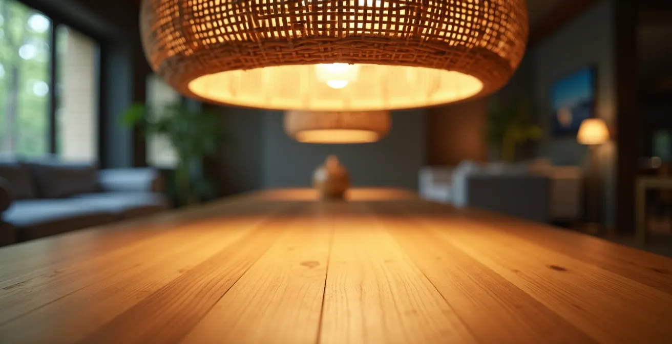 Offener Wohnbereich mit Pendelleuchte als optischer Raumteiler über Esstisch