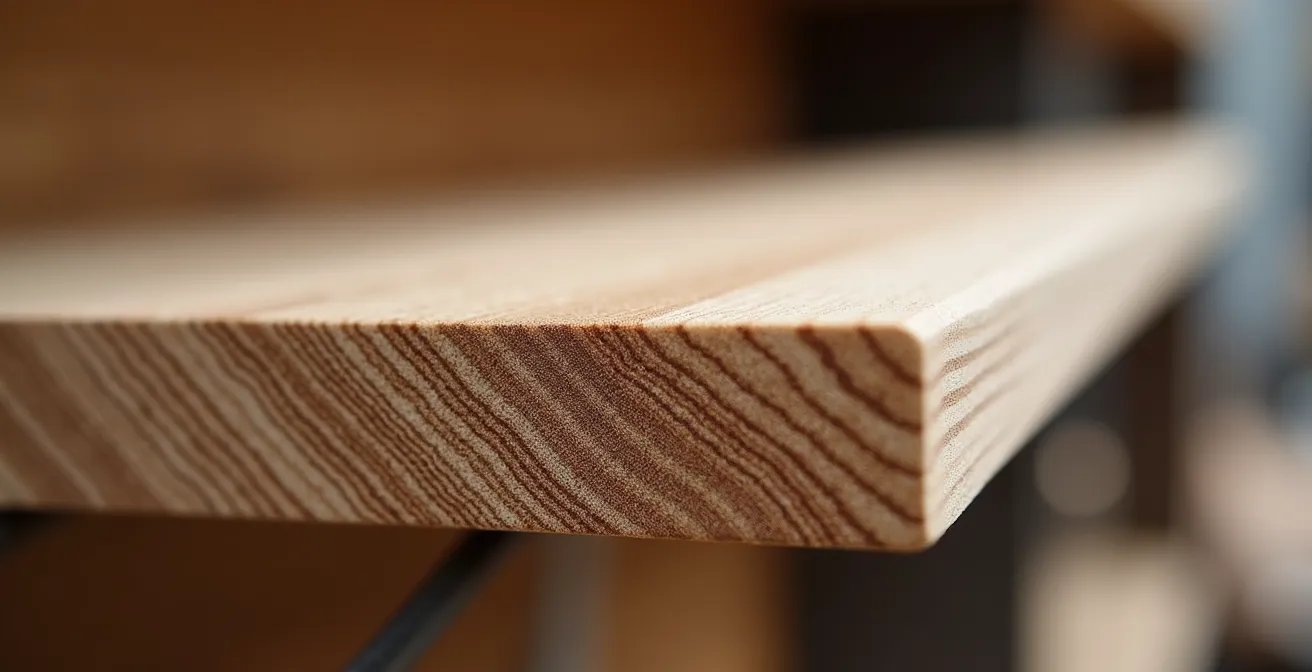 Makroaufnahme zeigt Holzmaserung und Materialstruktur eines Regalbodens