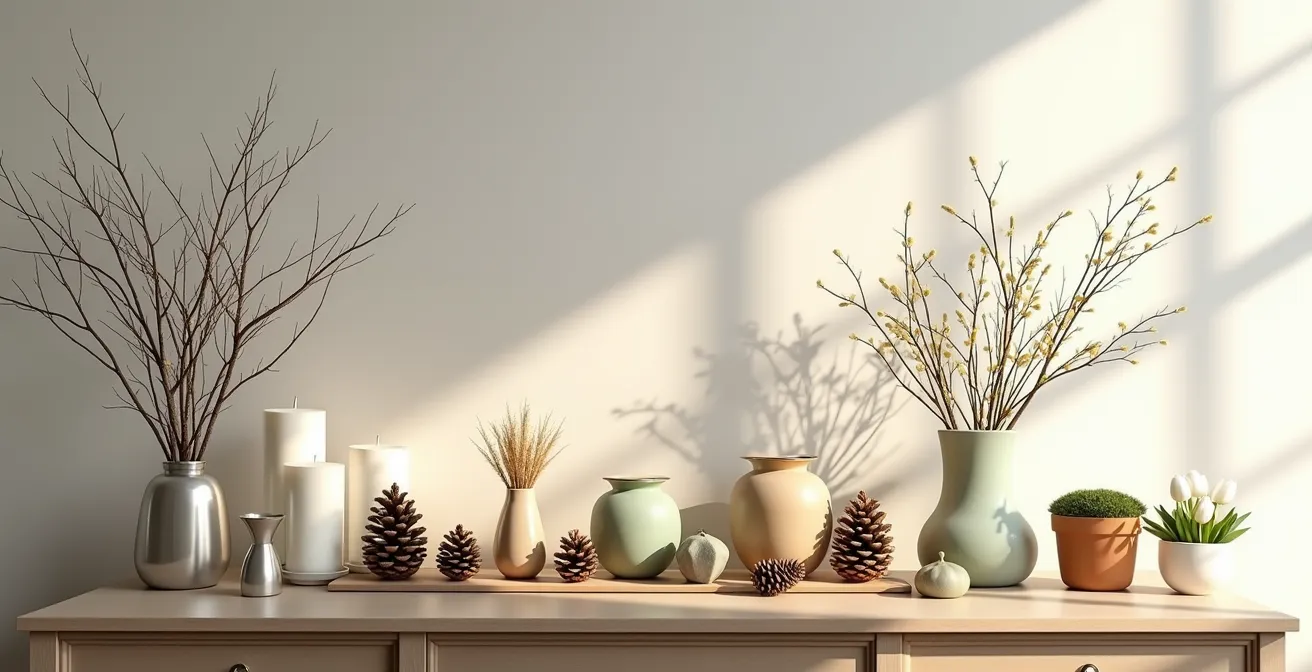 Harmonischer Übergang von Winter- zu Frühlingsdekoration auf einem Sideboard